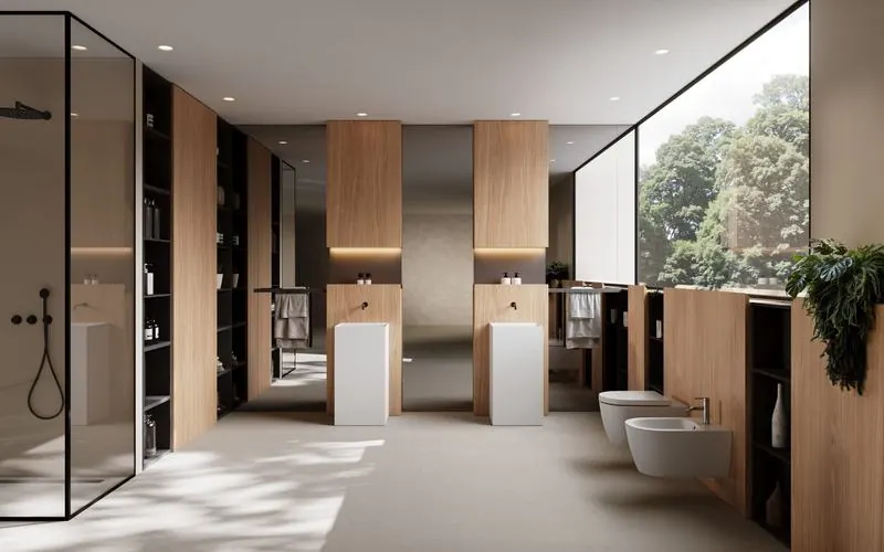 Großes Bad aus Holz und Glas